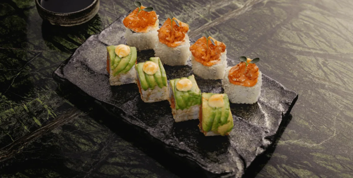 Spider sushi rolls and salmon truffle rolls